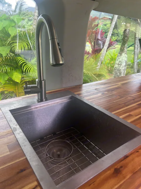 Enjoy a functional RV rental kitchen! Features include a stainless steel sink, wood counter, and beautiful tropical camper van view.. Ford Transit Custom 2016