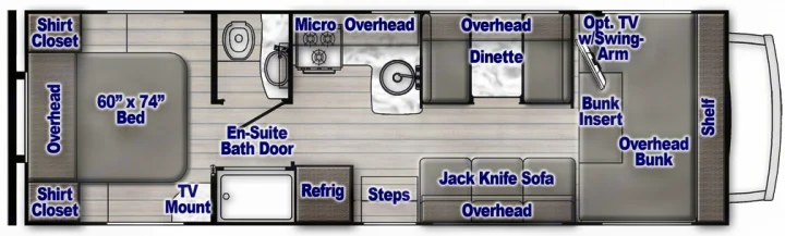 This RV rental floor plan shows a bedroom with a 60"x74" bed, bathroom, kitchen, dinette, sofa, and bunks.. Gulf Stream Conquest 2025