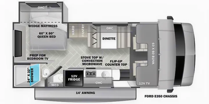 Detailed RV rental floor plan displaying a queen bed, 60x80 bunk, kitchen, shower, dinette, and 14' awning.. FOREST RIVER FORESTER 2251 SLE 2025
