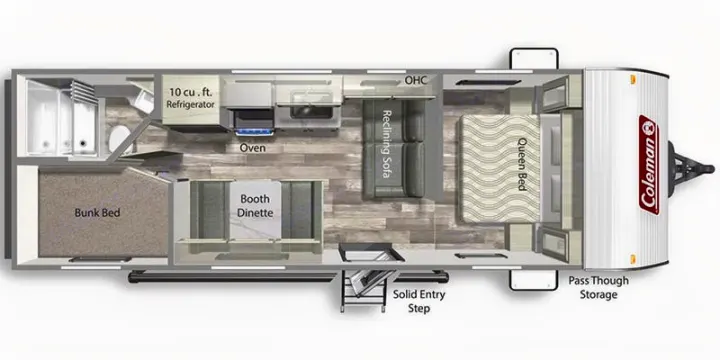 This RV rental floor plan for a Coleman model shows a bunk bed, queen bed, dinette, kitchen, and bathroom layout.. Coleman Lantern 2024