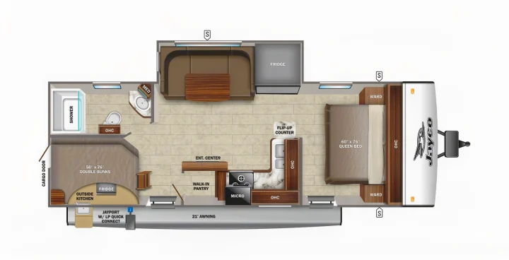 Detailed RV rental floor plan. Features queen bed, double bunks, kitchen, bathroom & dining area layout.. Jayco Jay Feather 2022