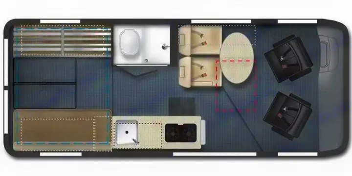 RV rental floor plan: Detailed interior layout with front seats, dining, bathroom, kitchen, & rear bed.. Winnebago Solis NPF 2025