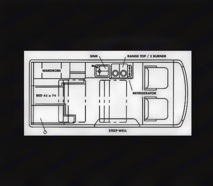 RV rental floor plan details a campervan layout: bed (43x74), wardrobe, sink, 2-burner range, and refrigerator.. Winnebago Eurovan Camper Eurovan Camper 1999