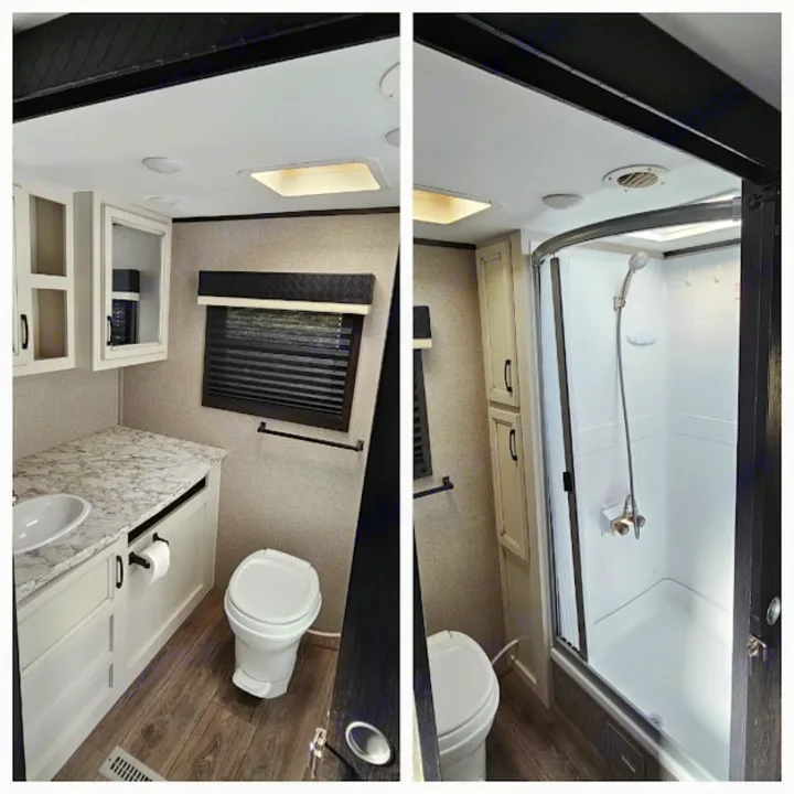 RV rental's compact bathroom showing a sink vanity, toilet, and curved shower stall, designed for efficient travel.. Jayco Jay Feather 2021