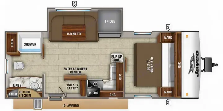 This RV rental floor plan reveals its interior, including a queen bed, U-dinette, kitchen, and full bathroom, perfect for travel.. Jayco Jay Feather 2021