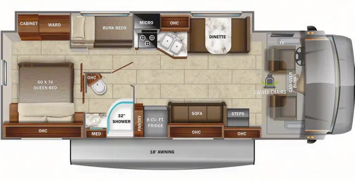 Detailed RV rental floor plan: Queen bed, bunks, kitchen, dinette, 32" shower, and cab-over bunk for a spacious trip.. Jayco Redhawk 2022