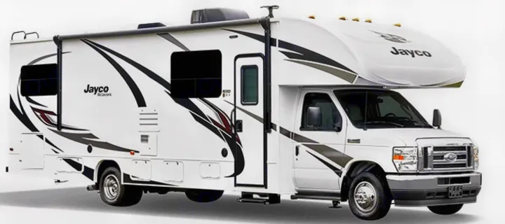 White Jayco Class C RV, perfect for rv rental. Features side awning, ready for your next travel adventure.. Jayco Redhawk 2022