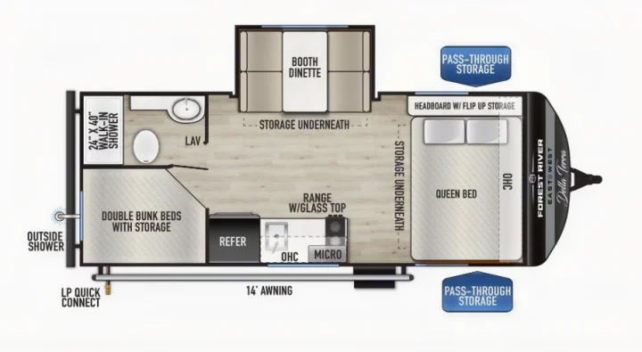 This RV rental floor plan shows a spacious layout with a queen bed, bunk beds, kitchen, bath, and dinette, plus ample storage.. East to West Della Terra 181BH 2025