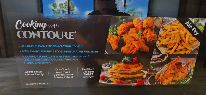 CONTOURE air fryer box in an RV rental, showcasing cooking functions & delicious meals like wings & fries.. Keystone Springdale 2025