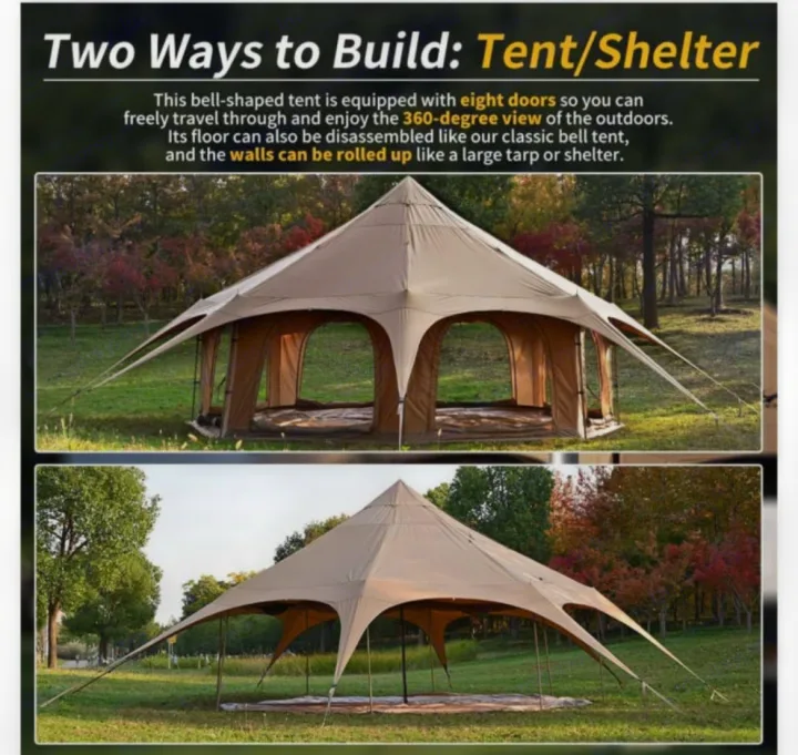 Bell tent setup: fully enclosed or open shelter. Perfect for RV rental camping, offering versatile outdoor space.. Ford Ford transit 2024