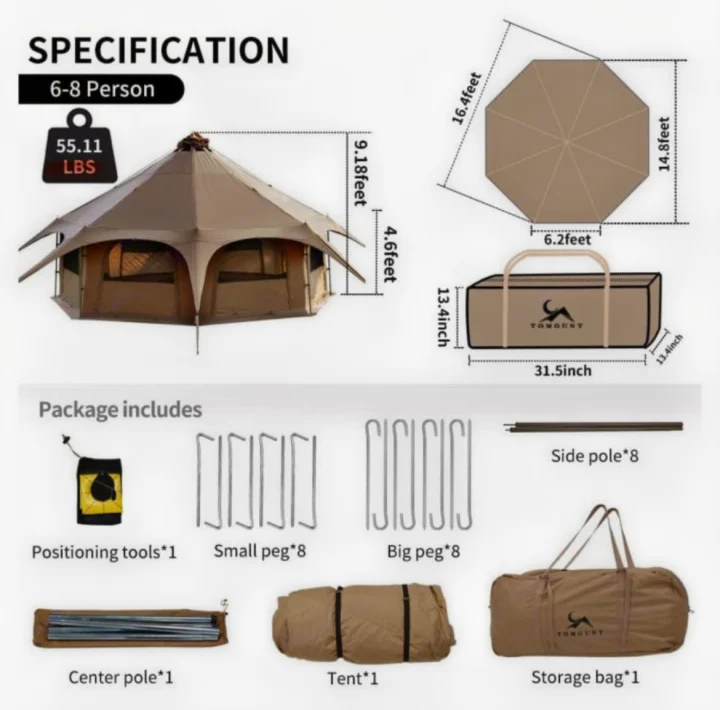 This image presents a 6-8 person tent (55.11 LBS) with full specs & parts, great for adding to your RV rental camping gear.. Ford Ford transit 2024