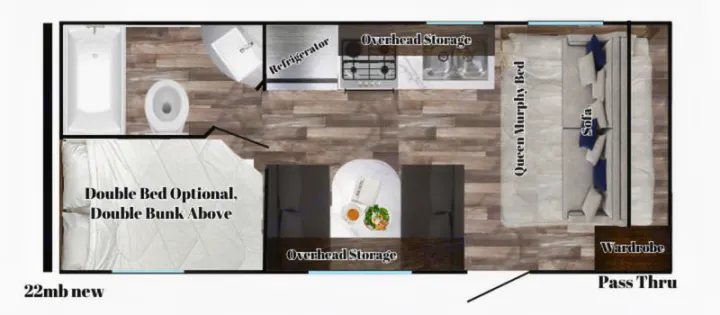 Detailed rv rental floor plan illustrating the interior layout with a kitchen, bath, double bed, Queen Murphy bed, and sofa.. Gulf Stream Grand River 22Mb 2024