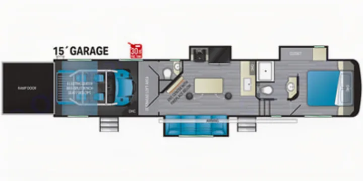 RV rental floor plan: garage (15'), living area, kitchen, bath, master bedroom. Shows interior layout and features.. Heartland RVs Road Warrior Toy Hauler 2022