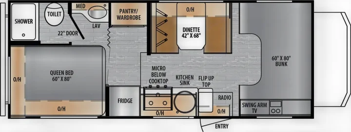 An RV rental floor plan, offering a queen bed, bunk, dinette, and full kitchen/bath layout for comfortable travel.. East To West Entrada 2000NS 2025