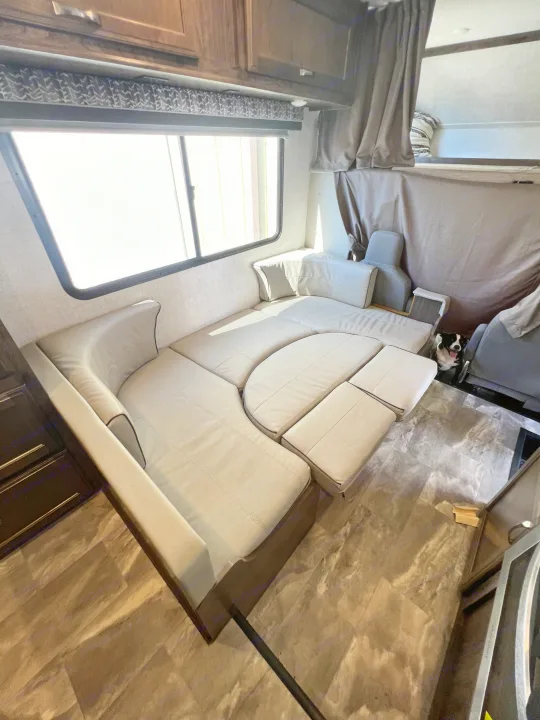 Spacious RV rental interior featuring a comfortable L-shaped sofa converting to a bed, large window, and a happy dog.. Gulf Stream Conquest 2023