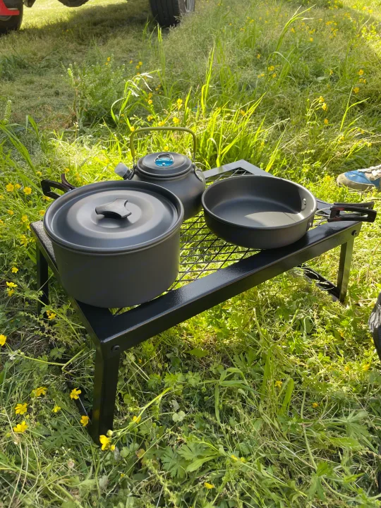 RV rental camp cooking: Pot, pan, and kettle on a portable grill in sunny grass with wildflowers.. Palomino Puma 337BH 2025
