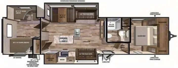 RV rental floor plan showcasing a spacious interior with queen bed, bunk beds, kitchen, and bathroom for comfortable travel.. Forest River Vibe 2022