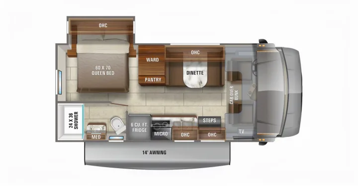 This rv rental floor plan shows a queen bed, full bath, kitchen with fridge/microwave, dinette, and cab-over bunk.. Jayco Redhawk 2021