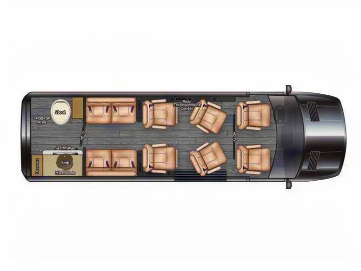 Luxury rv rental floor plan: spacious interior with lounge seating, kitchen, HD TVs, and luggage area, shown from above.. Ultimate Toys Ultimate Coach 2025