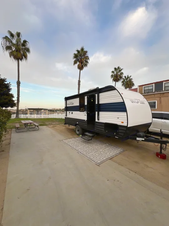 This RV rental is parked on a spacious campsite with an outdoor rug, picnic table, and scenic palm trees, ideal for outdoor adventures.. Forest River Wolf Den 16EV 2024