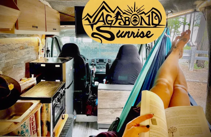 Cozy RV rental: person reading in a hammock inside a camper van, kitchen and nature views visible.. Dodge Ram ProMaster 2500 High Top 2018