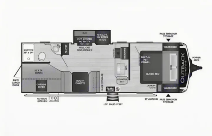 Detailed RV rental floor plan of an Outback Ultralite, showing queen bed, bunks, kitchen, shower, and unique pet kennel.. Keystone Outback 2021
