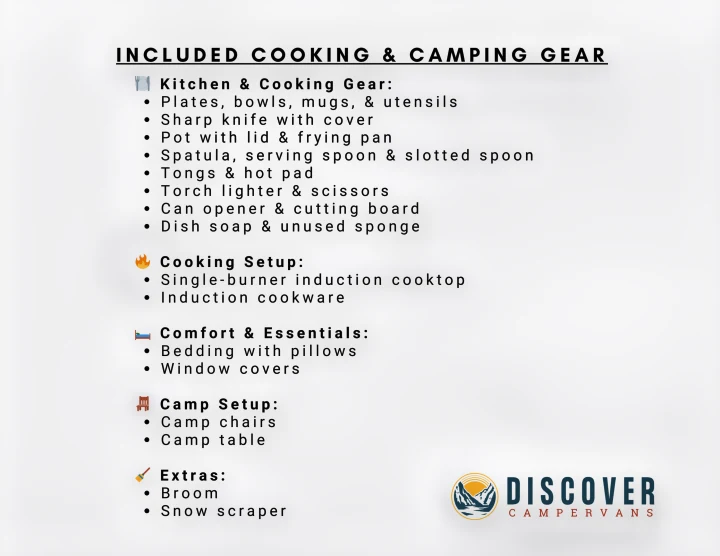 Included cooking & camping gear for your RV rental: kitchenware, induction cooktop, bedding, camp chairs, and extras from Discover Campervans.. Ford Van 2024