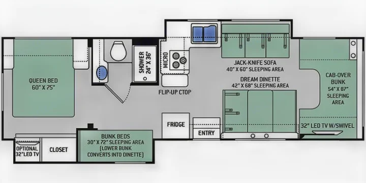 Explore this RV rental's detailed floor plan, featuring a queen bed, bunk beds, sofa, dinette, kitchen, and bath layout.. Thor Four Winds 2018