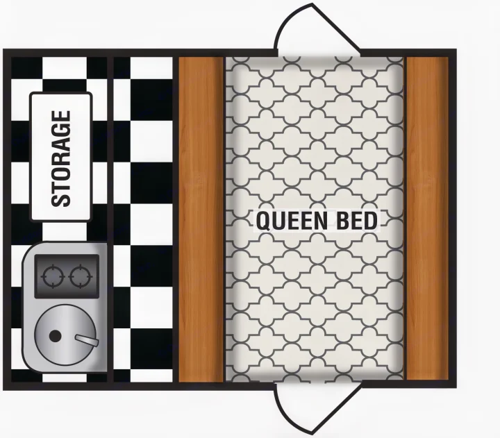 RV rental floor plan: compact interior with queen bed, storage, and checkerboard utility area.. Riverside RV Retro 2017
