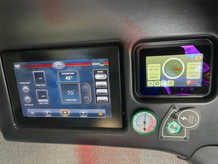 This RV rental's control panel displays interior temp, water tank levels, power usage, and climate settings, plus a physical gauge.. Storyteller Overland Stealth Mode 2023