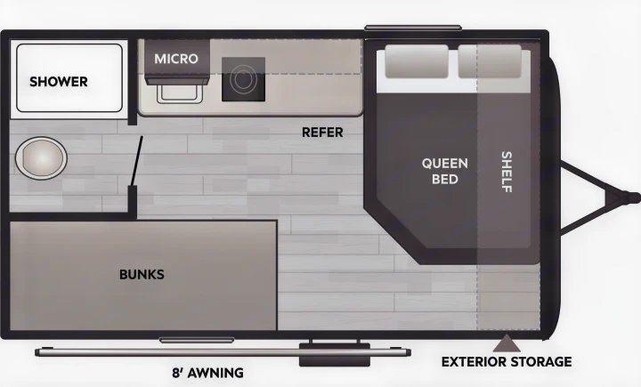 An RV rental floor plan showing a shower, bunks, queen bed, microwave, fridge, and 8' awning for your trip.. Keystone RV Coleman 13B 2025