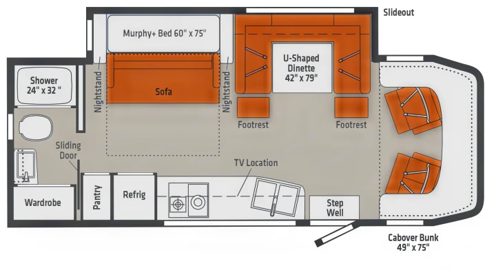 RV rental layout: This detailed floor plan highlights a Murphy bed, U-dinette, kitchen, and bath, optimizing space.. Winnebago Navion 2022