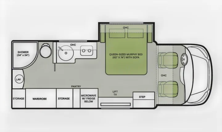 RV rental floor plan: shower, toilet, kitchen with appliances, queen Murphy bed/sofa, ample storage, and front cabin seating.. Tiffin Motorhomes Allegro Midas 24MT 2024