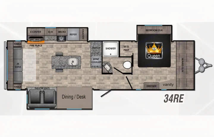 Detailed 34RE RV rental floor plan, showing living room with sofa, island kitchen, full bath, and queen bedroom.. Crossroads RV Volante 2022