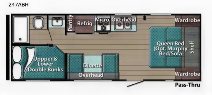 Detailed RV rental floor plan (247ABH) showing bathroom, kitchen, dinette, bunk beds, and queen bed layout. Great for families!. Gulf Stream Kingsport 2021