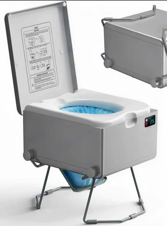 Portable toilet shown open with a blue waste bag, legs deployed. Perfect for your RV rental, camping, or travel. Digital display visible.. A-Liner Ranger 2025