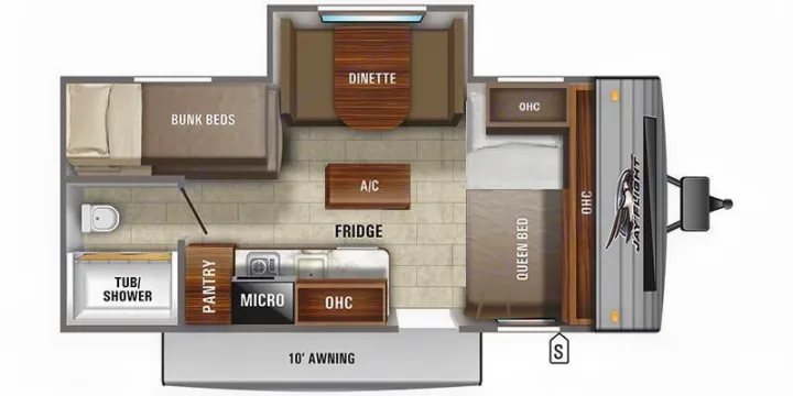 Jay Flight RV rental floor plan shows bunk beds, queen bed, kitchen, bath, dinette, and 10' awning layout.. Jayco Jay Flight SLX 2021