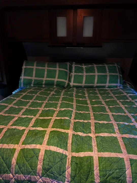 Inside an RV rental, a cozy bedroom with a green and white checkered quilt, two pillows, and overhead storage cabinets.. Cruiser RV MPG 2022