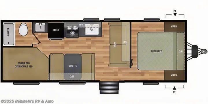 This RV rental floor plan displays a spacious interior with queen bed, bunk beds, dinette, kitchen, and full bath.. Keystone RV Springdale 2019