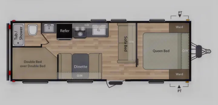 RV rental floor plan with queen, bunk, & sofa beds, dinette, kitchen (fridge/stove), & full bath. Ideal for families.. Keystone RV Summerland 2017
