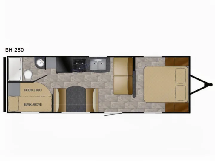BH 250 RV rental floor plan shows a spacious interior with master bedroom, kitchen, living/dining area, bath, and bunk beds.. Heartland RVs Pioneer 2017