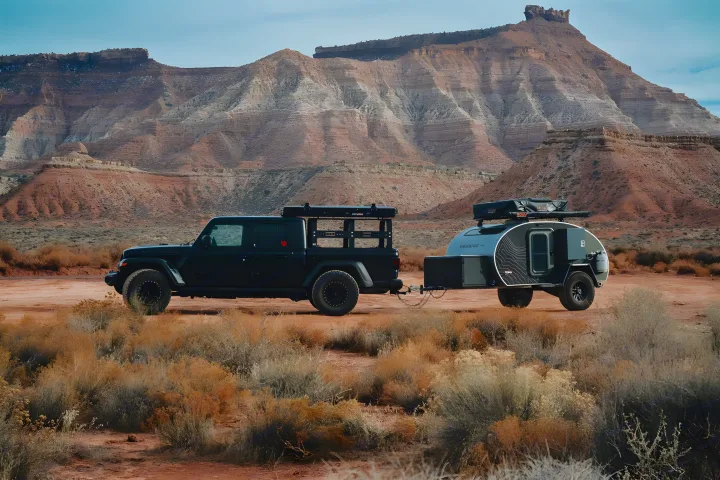 Black Jeep Gladiator and an overland trailer in a rugged desert landscape with red mountains. Ideal RV rental for exploring.. Escapod Escapod Trailer 2022