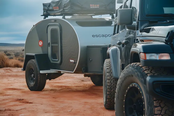 Off-road Jeep & Escapod TOPO teardrop camper (RV rental) in desert. Ready for adventure camping!. Escapod Escapod Trailer 2022