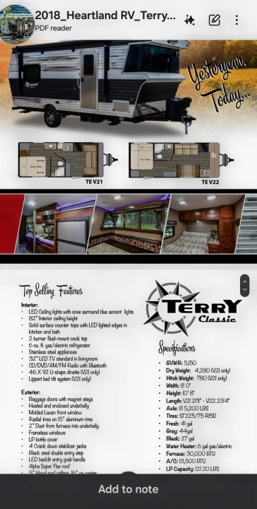 Detailed brochure for a 2018 Heartland RV Terry travel trailer, showcasing features, floor plans, and specifications for rv rental.. Heartland Terry Classic V21 2018