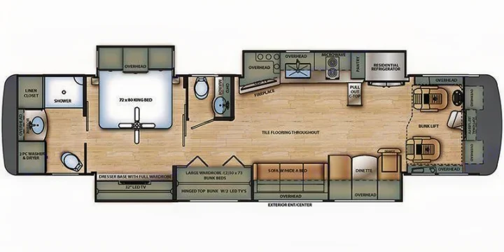 Detailed RV rental floor plan: king bed, bunks, full kitchen, bathroom with washer/dryer, living/dining area.. Berkshire XL 2022
