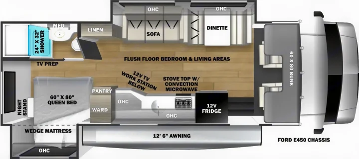 RV rental floor plan: A detailed motorhome interior showing queen bed, dinette, kitchen, bathroom, and front bunk area.. Forest River Sunseeker 2550 DSLE 2025