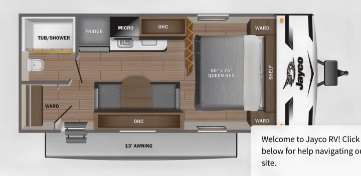RV rental floorplan reveals Jayco's interior layout: queen bed, kitchen, bath, and 13' awning. See amenities.. Jayco Jay Flight SLX 2022