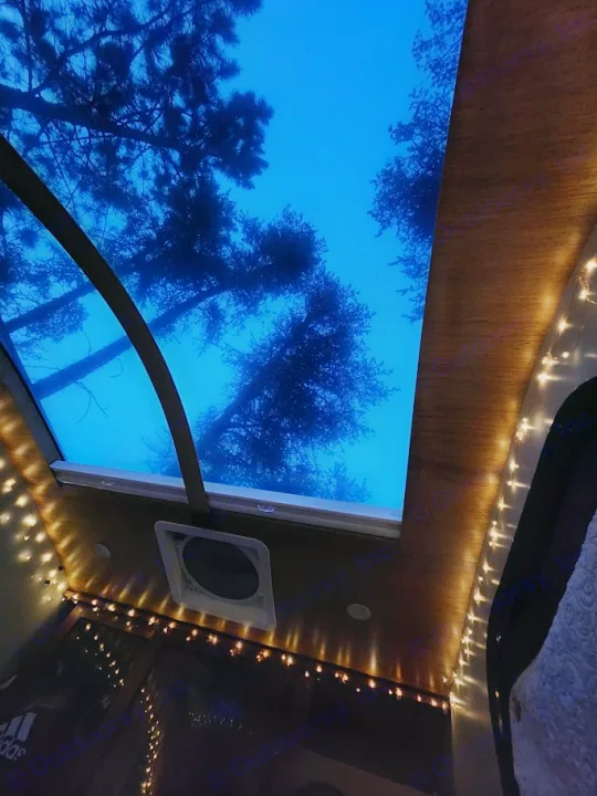 Cozy RV rental interior with a panoramic skylight showing silhouetted trees against a blue sky, lit by warm string lights.. Driftwood Custom 2021