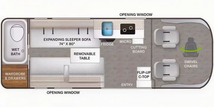 RV rental floor plan: See the efficient interior layout of this camper van, featuring a wet bath, expanding sofa, kitchen, and swivel chairs.. Thor Motor Coach Twist 2026