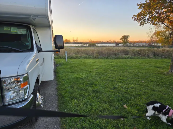 White RV rental parked at sunset, with a black and white dog on a leash on green grass, overlooking water and autumn trees.. Thor Majestic 2019